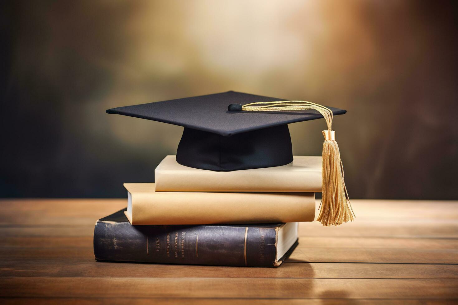 Graduation hat on top of a stack of book photo