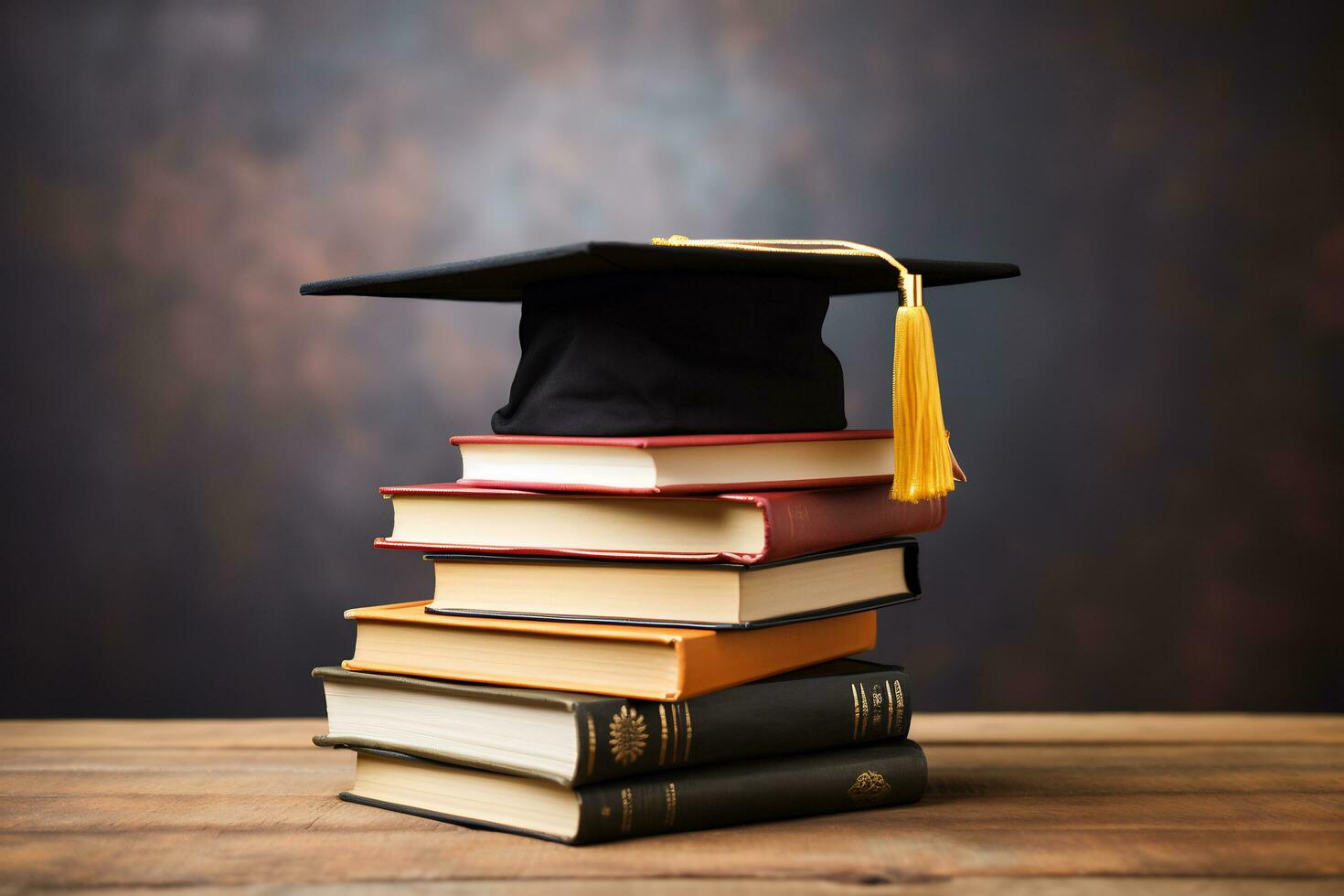 Graduation hat on top of a stack of book photo