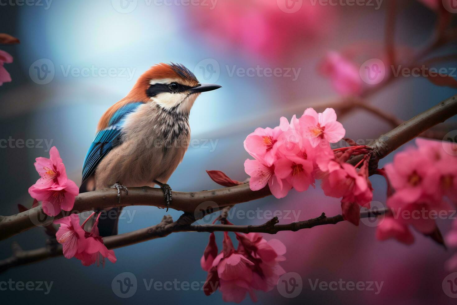 A bird perched on a branch of a cherry blossom tree photo