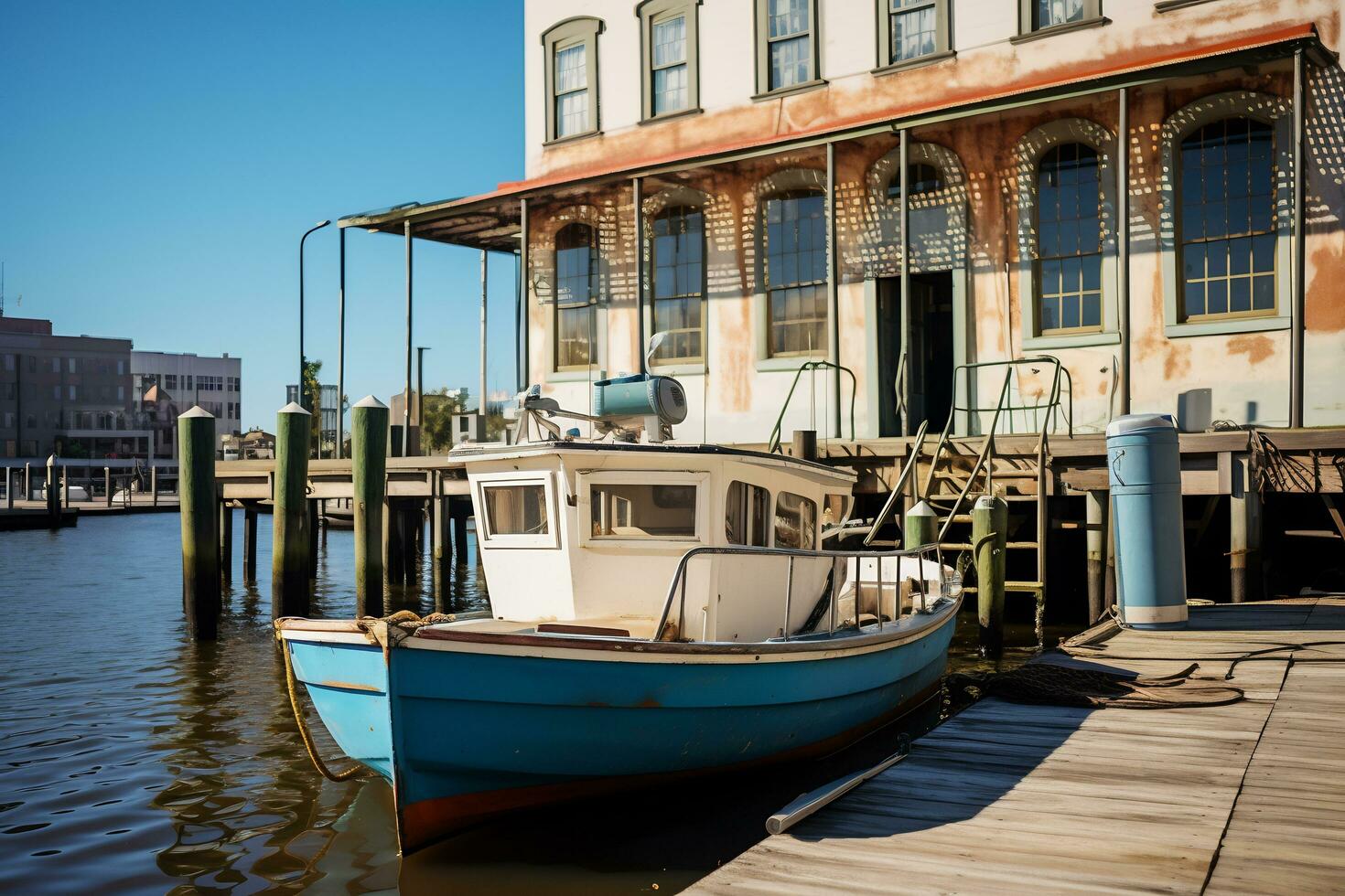 A boat is docked in front of building photo