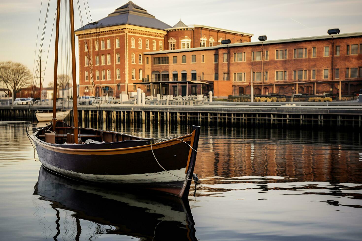 un barco es atracado en frente de edificio foto