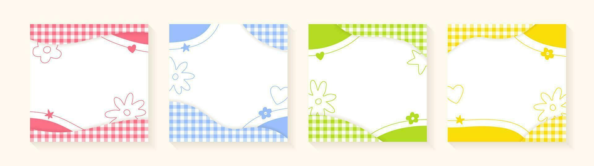 Set of Cute Frame Pastel Plaid Gingham Check Checkered with Heart Flower Star. Square Post Banner Template Frames Borders Memo Sticky note Paper Background. Blank Note Copy Space Vector Illustration.