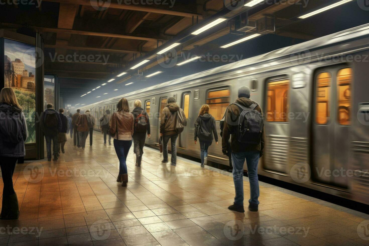 unrecognizable people commuting at subway station , AI Generated photo