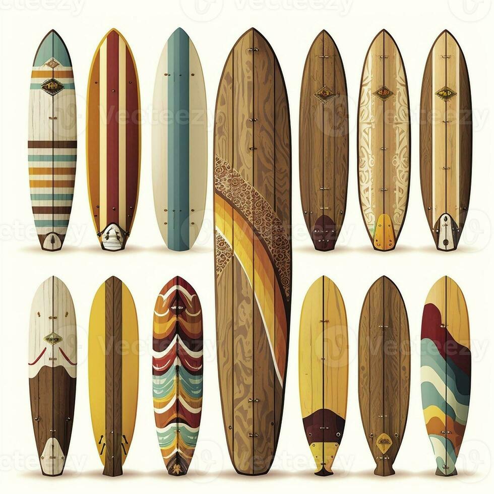 colección de Clásico de madera longboard tablas de surf, creado con generativo ai foto