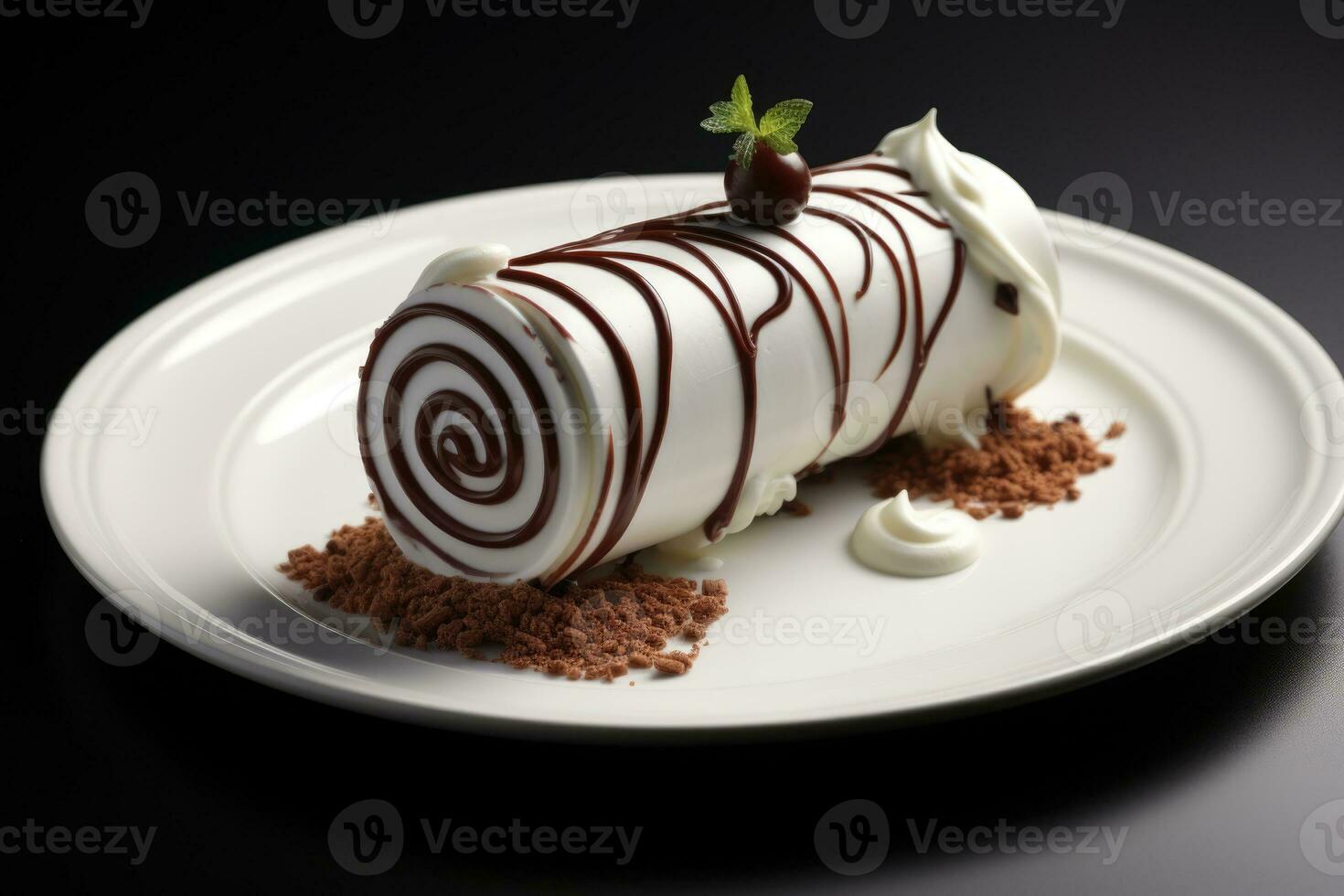 Chocolate Swiss Roll Cake coated with Chocolate Chips on table top, AI Generated photo