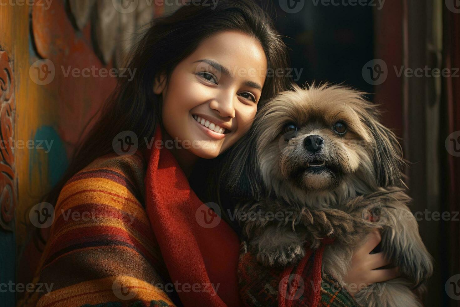 young adult woman holding her dog in the street , AI Generated photo