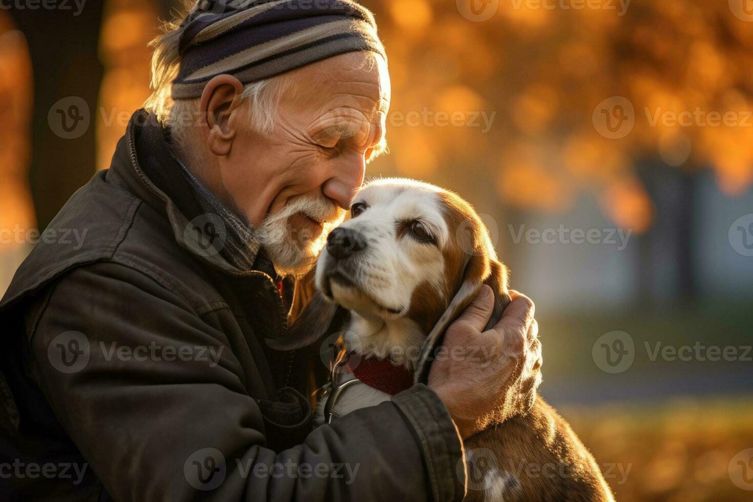 senior man holding his beagle , outdoor autumn park, AI Generated photo