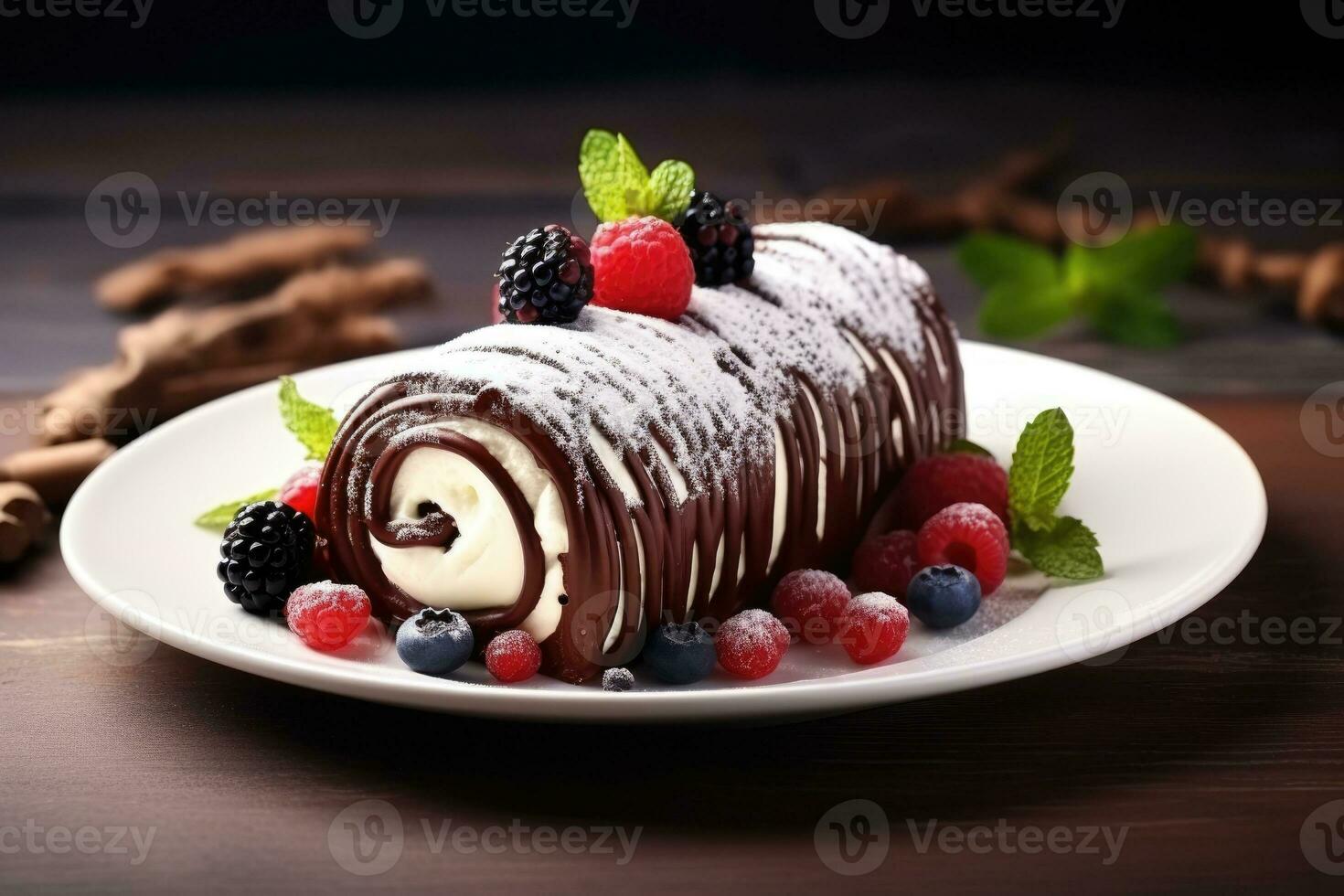 Chocolate Swiss Roll Cake coated with Chocolate Chips on table top, AI Generated photo