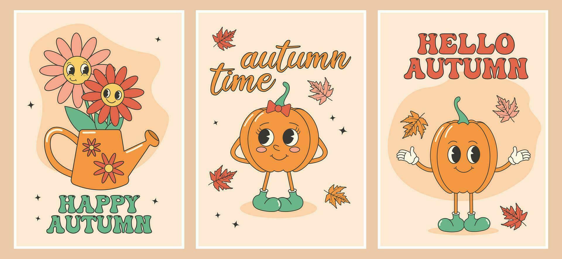 Groovy autumn fall card, poster set with cute autumn pumpkins and sayings. Cartoon characters in trendy retro style, comic mascot characters. vector