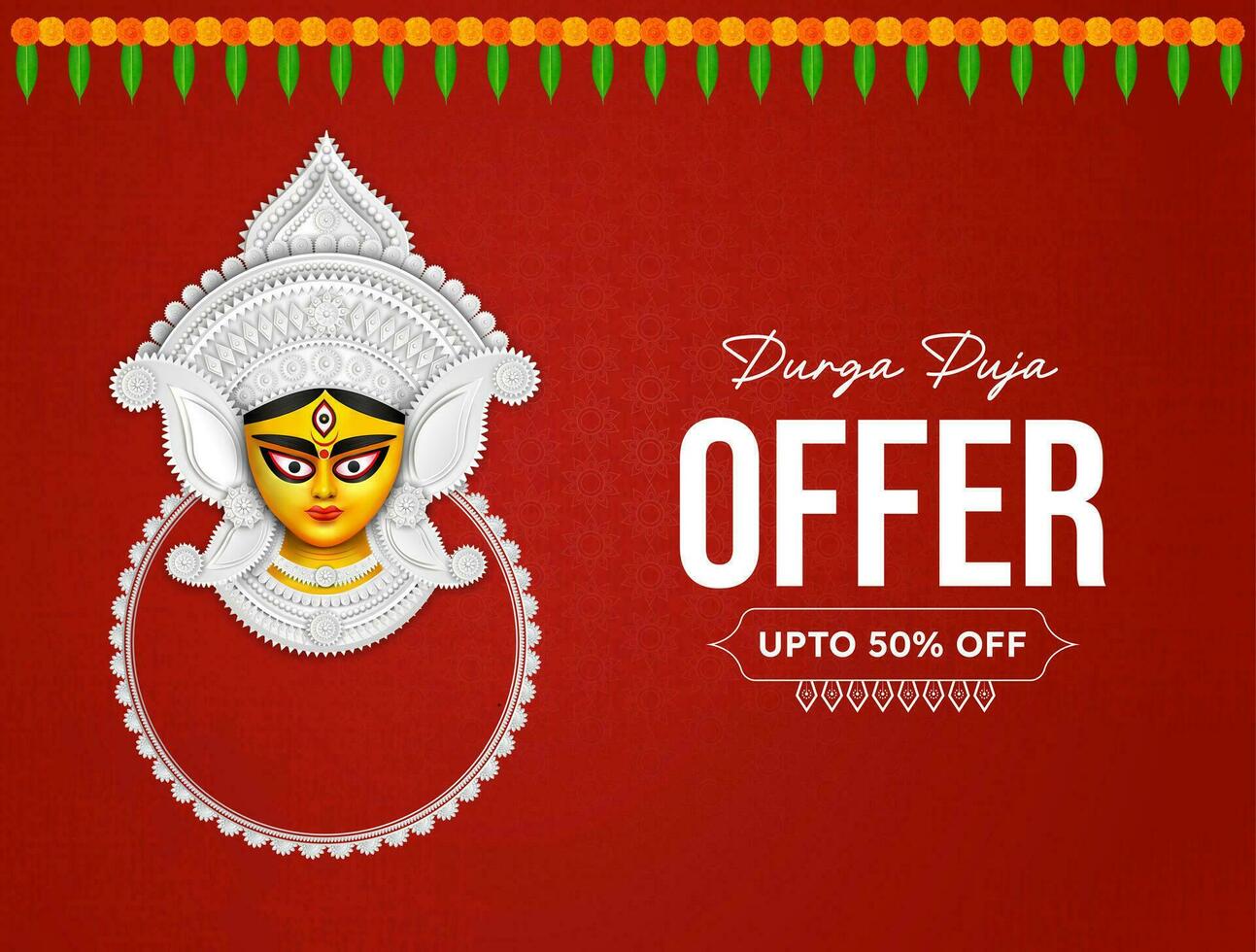 diosa maa Durga cara en contento Durga puya, dussehra, y navratri celebracion concepto para web bandera, póster, social medios de comunicación correo, y volantes publicidad vector