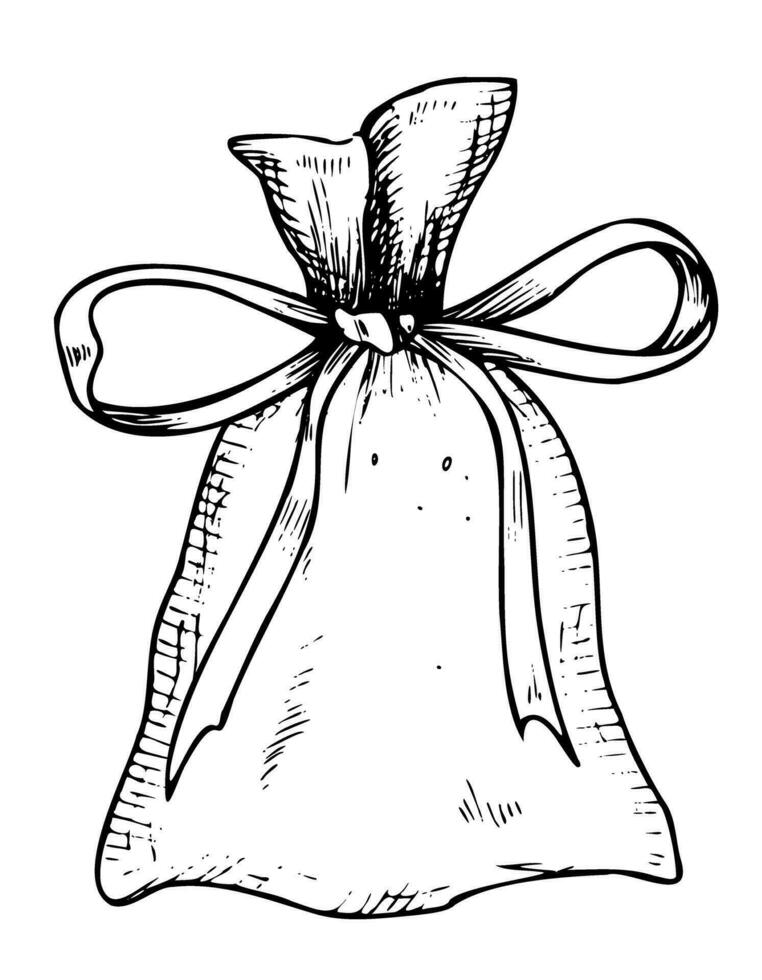 Aromatic Sachet. Hand drawn vector illustration of bag with ribbon for aroma therapy and relaxing isolated on white background painted by black inks. Outline drawing of herbal sack for fragrance.