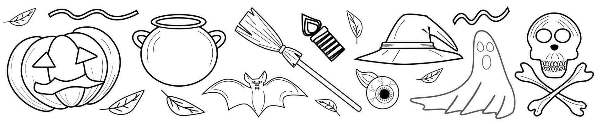 Happy Halloween, black and white set coloring book halloween symbols pumpkin hat broom bowler outline drawing vector EPS10