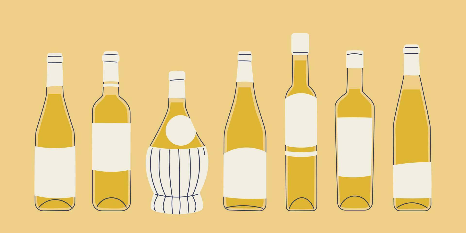 Set of bottles with white wine of various shapes and sizes. Classic shaped glass wine bottles. Isolated illustrations for wine design, menus, stickers, etc. vector