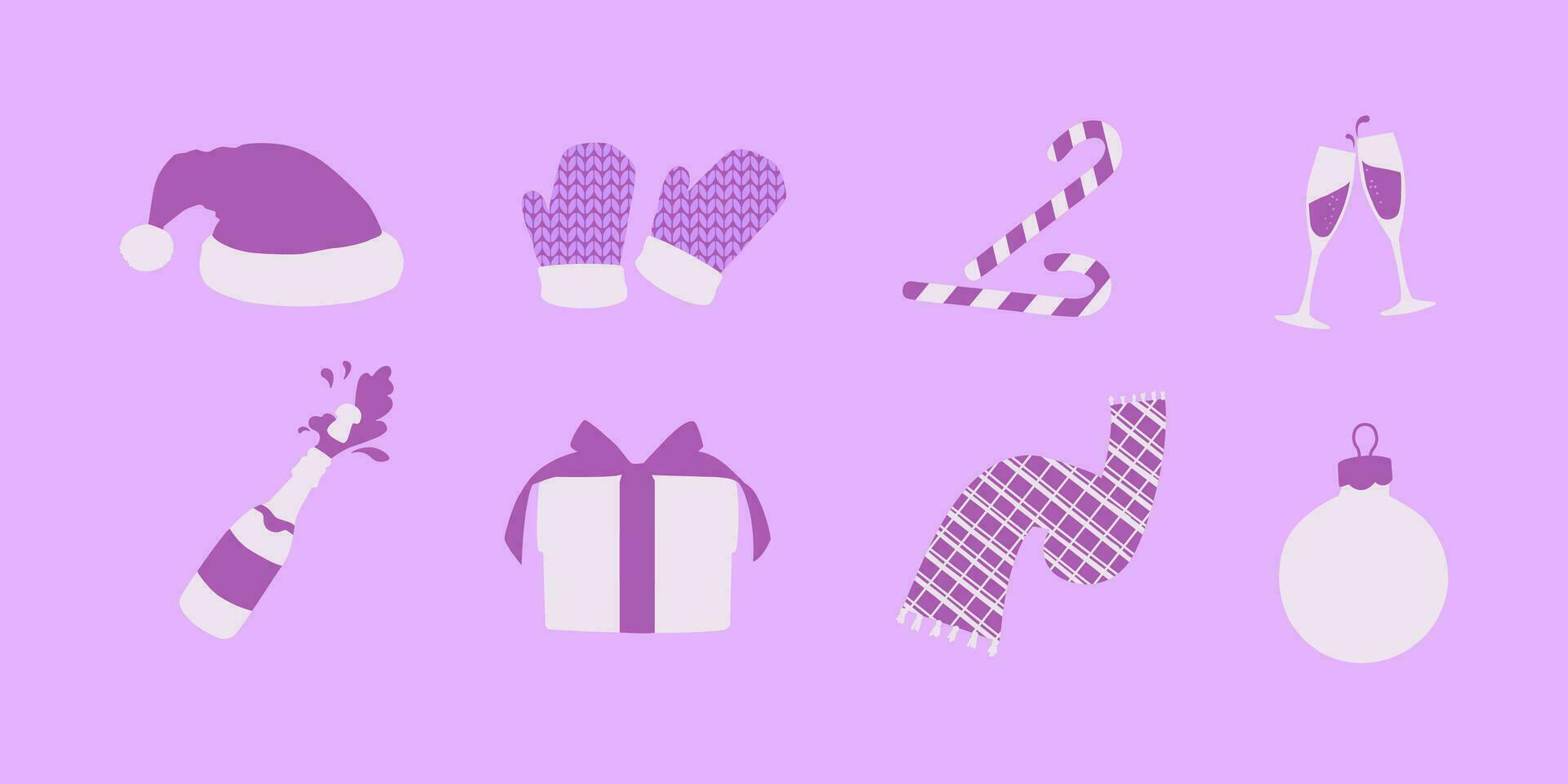 conjunto de Navidad elementos. de santa sombrero, Navidad árbol juguete, regalo, bufanda y mitones. vector aislado elementos en púrpura matices