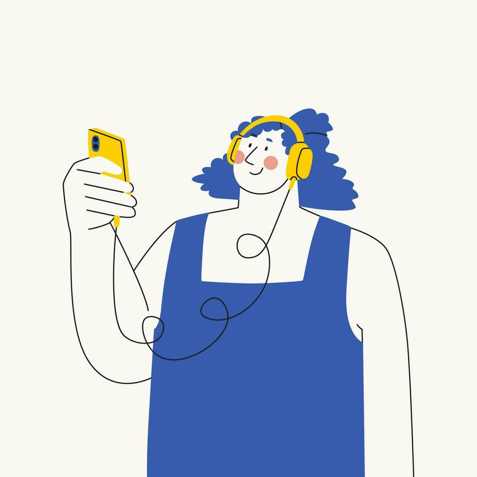 joven mujer en auriculares escucha a música, podcast o audio libro en su teléfono inteligente vector de moda ilustración.