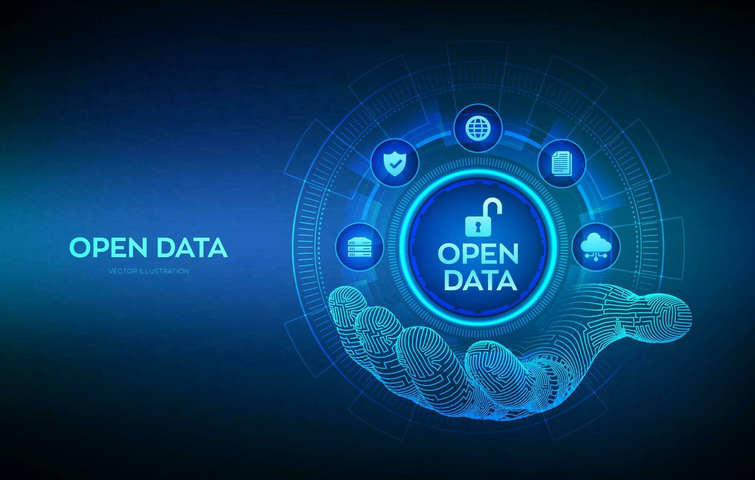 Open data database icon in robotic hand. Digital file storage system software. Online documentation database technology concept on virtual screen. DMS. Integration API. Vector illustration.