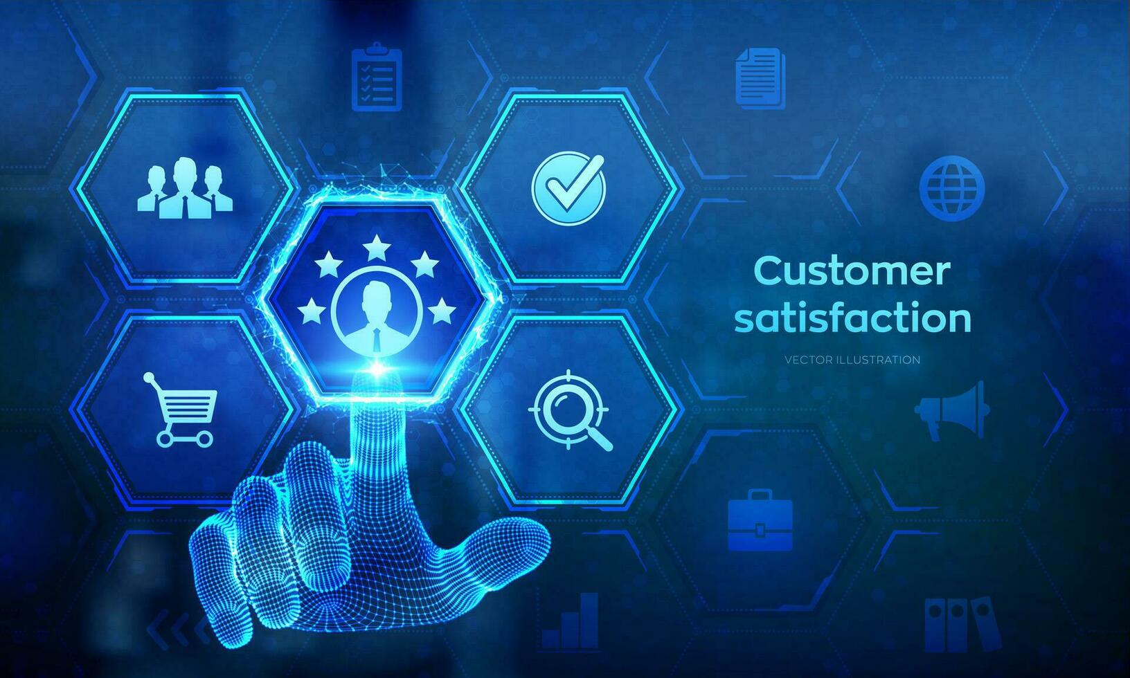 cliente satisfacción. cliente encuesta y realimentación analítica. utilizando ai y automatización tecnología en márketing para cliente servicio. estructura metálica mano conmovedor digital interfaz. vector ilustración.