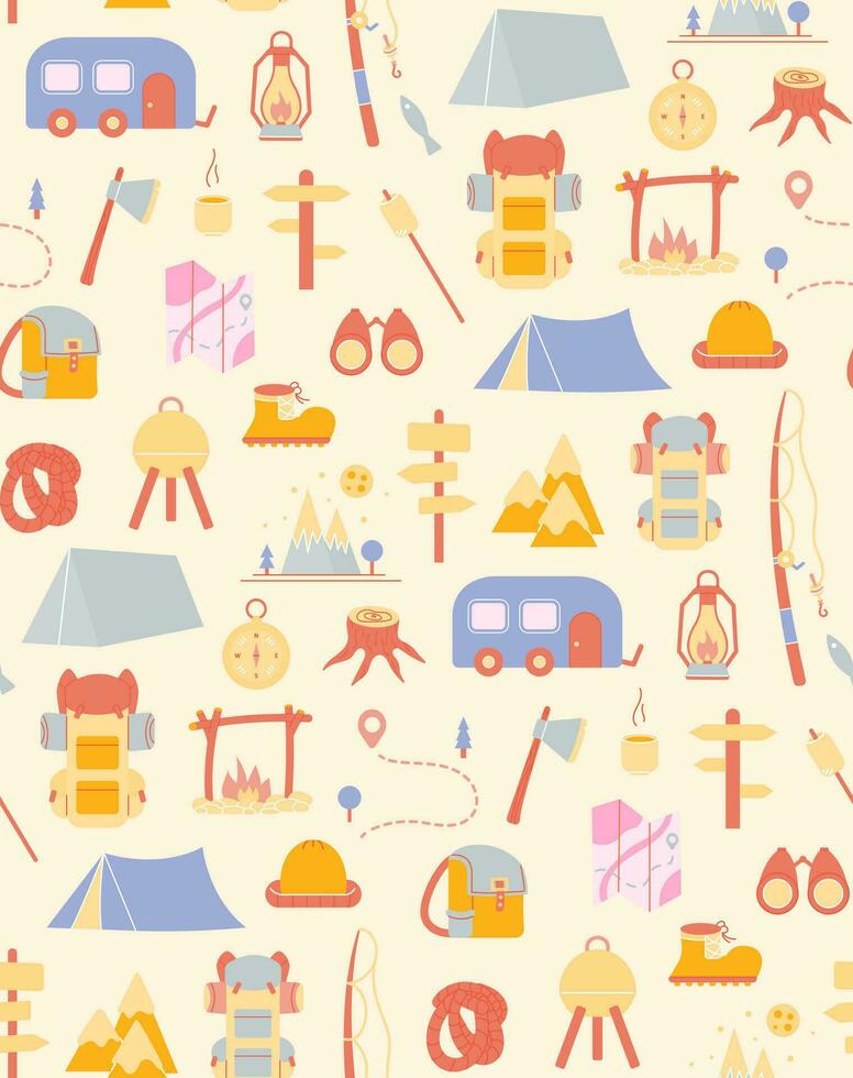 Seamless pattern with things for traveling to the mountains. Fishing and summer camping. Hike with backpacks, rest in the forest. print object stuff design wallpaper. background vector illustration.