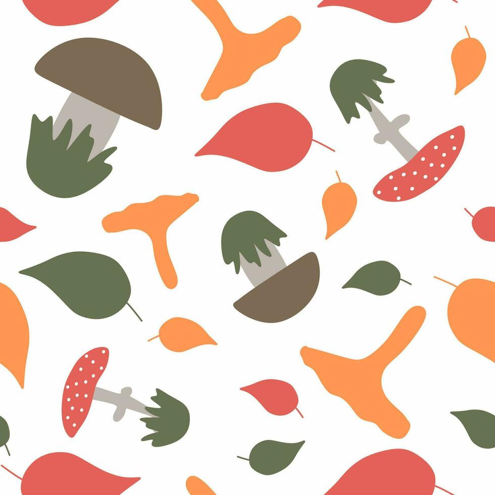 Autumn Seamless pattern with Mushrooms and Leaves. Illustration with amanita, chanterelles, boletus, foliage.Endless repeatable nature Vector background for textile, banner, fabric, wrappining paper.