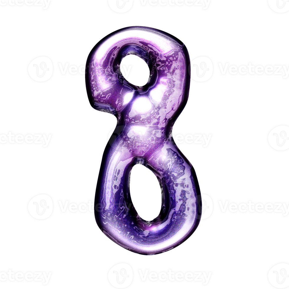 Eight number y2k alphabet with liquid dark purple chrome effect png