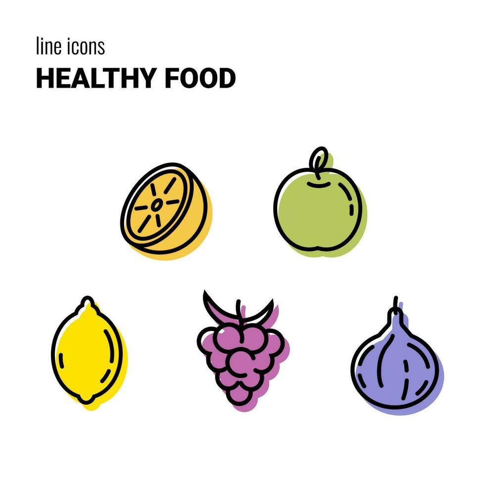 Healthy food icons outline fruits color vector