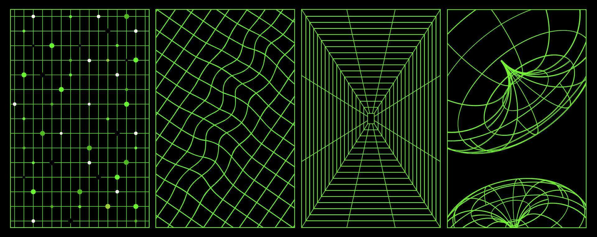 Set of four y2k retro posters with acid psychedelic greed and dimensional tunnel vector