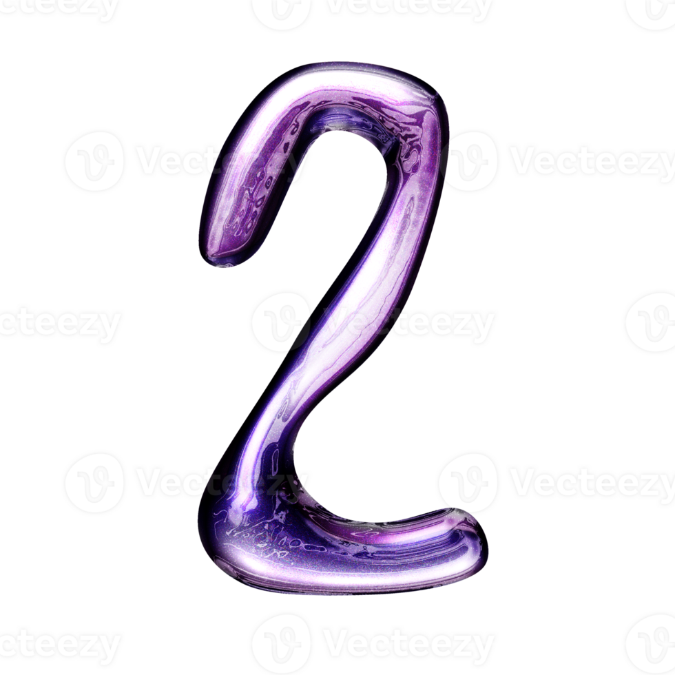 Two number y2k alphabet with liquid dark purple chrome effect png