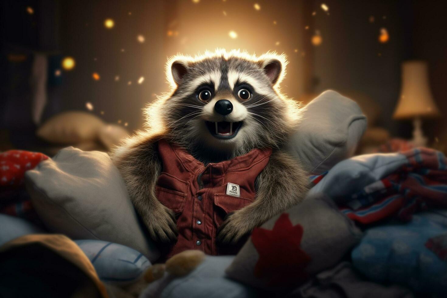 Adorable Raccoon Cozied Up in a Giant Pile of Cushions - AI generated photo