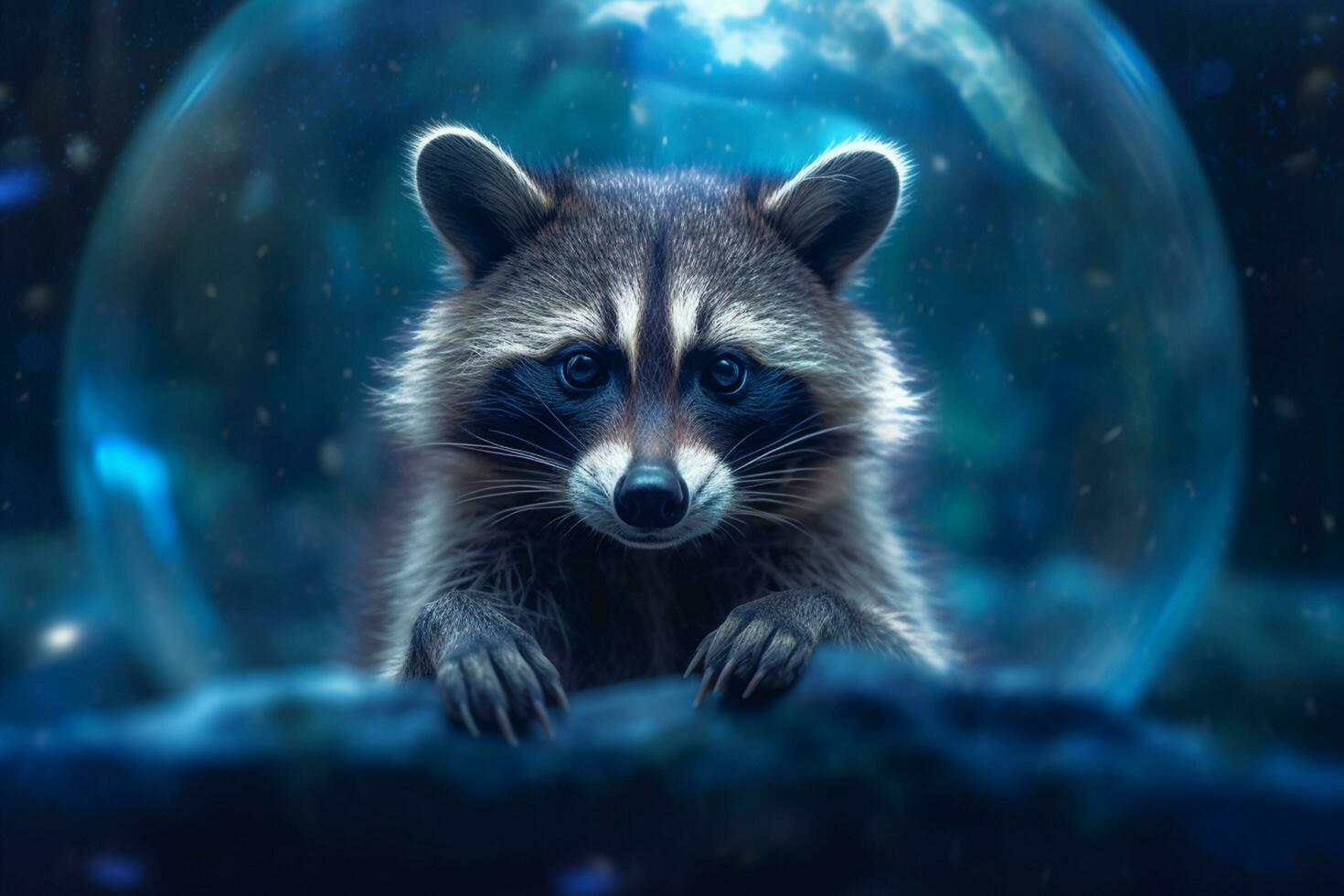 A Serene Raccoon Gazing into a Blue Clear Crystal Ball, Enveloped in Magic AI generated photo