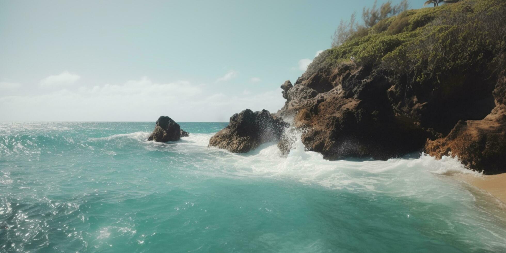 Spectacular Rocky Seaside Cove with Waves, Clear Water, Blue Sky, and Sun - AI generated photo