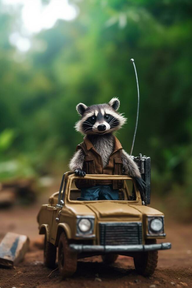 The Adventurous Raccoon Safari Expedition in a Jeep of Fun AI generated photo