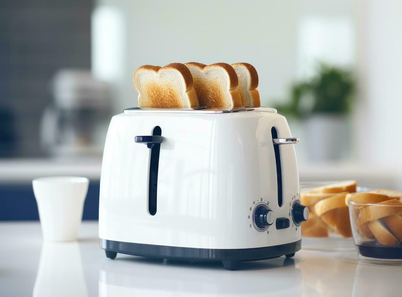 Breakfast toasts with toaster photo