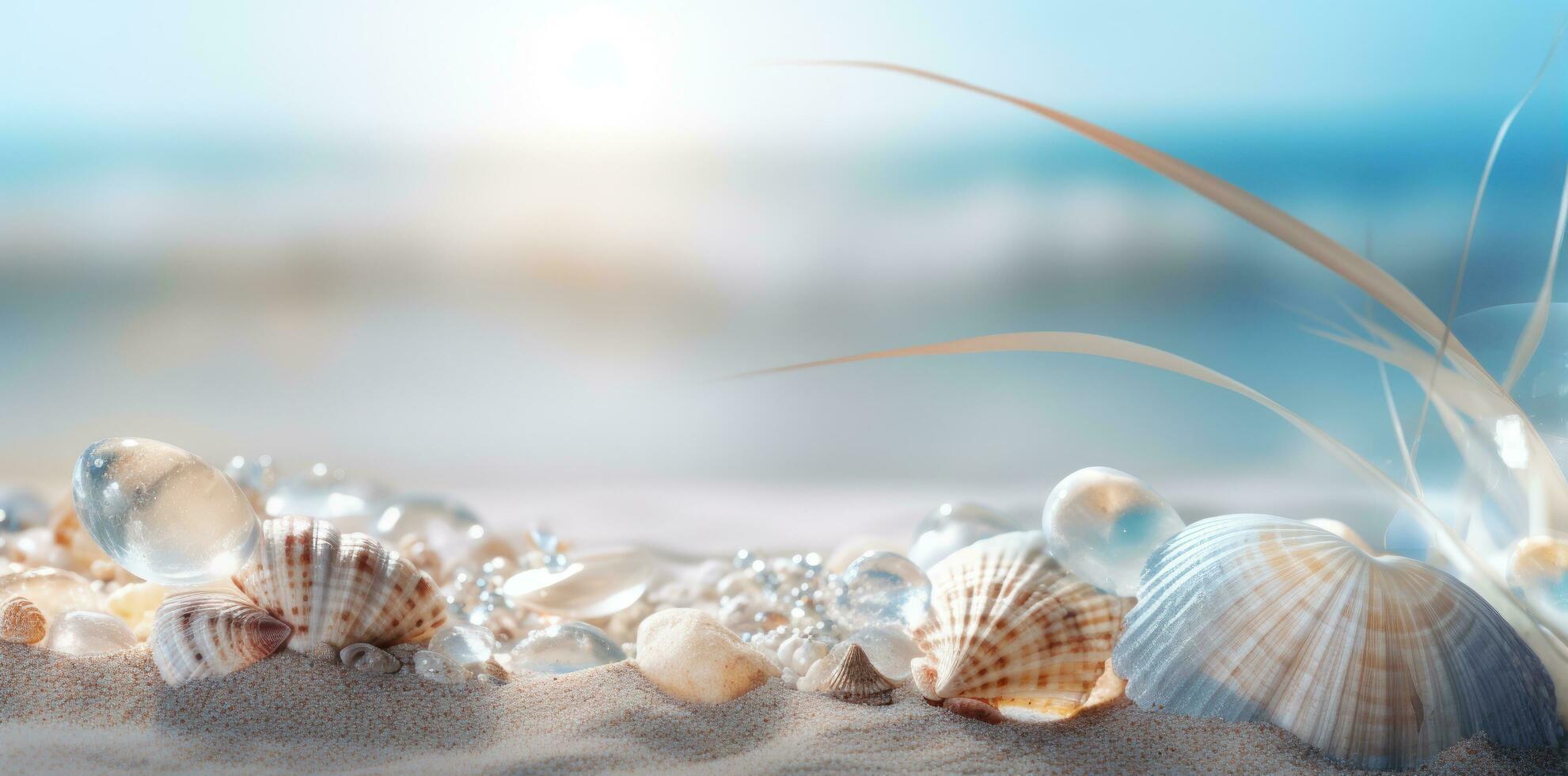 Sea shells and rocks on the beach photo