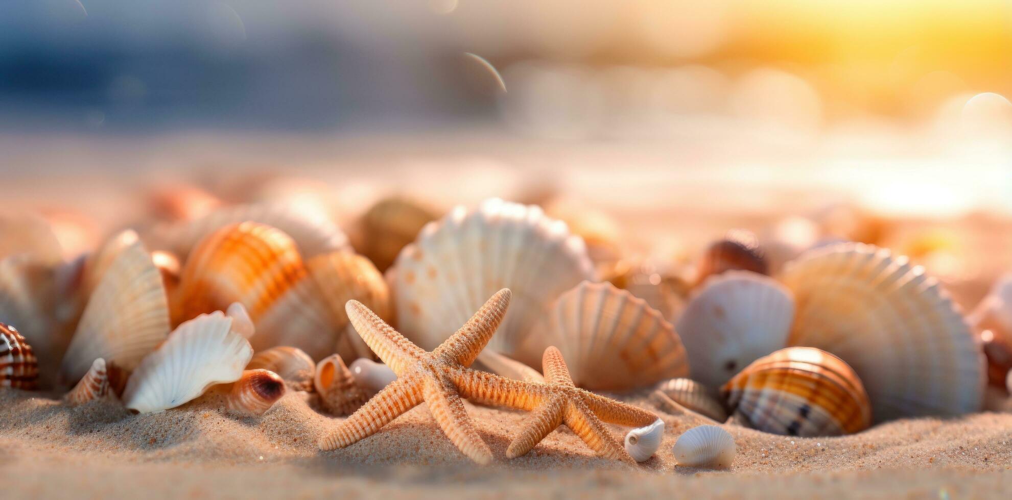 Sea shells and rocks on the beach photo