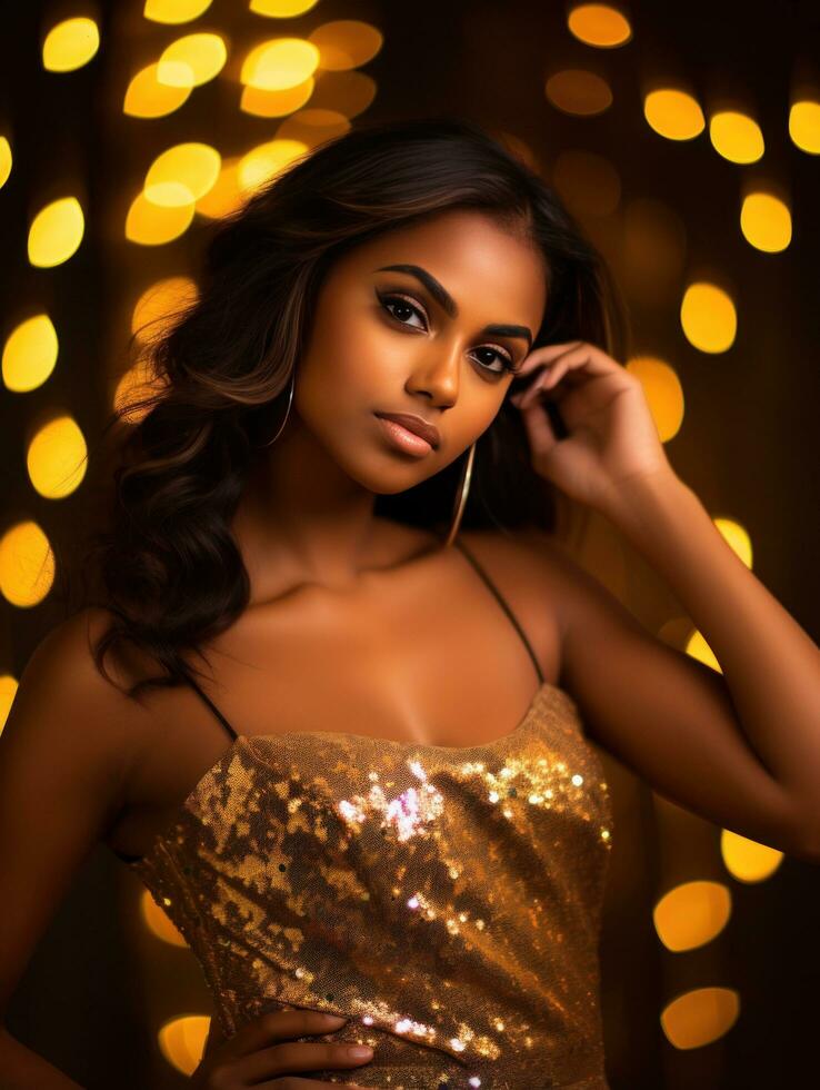 Beautiful girl in golden dress on party photo