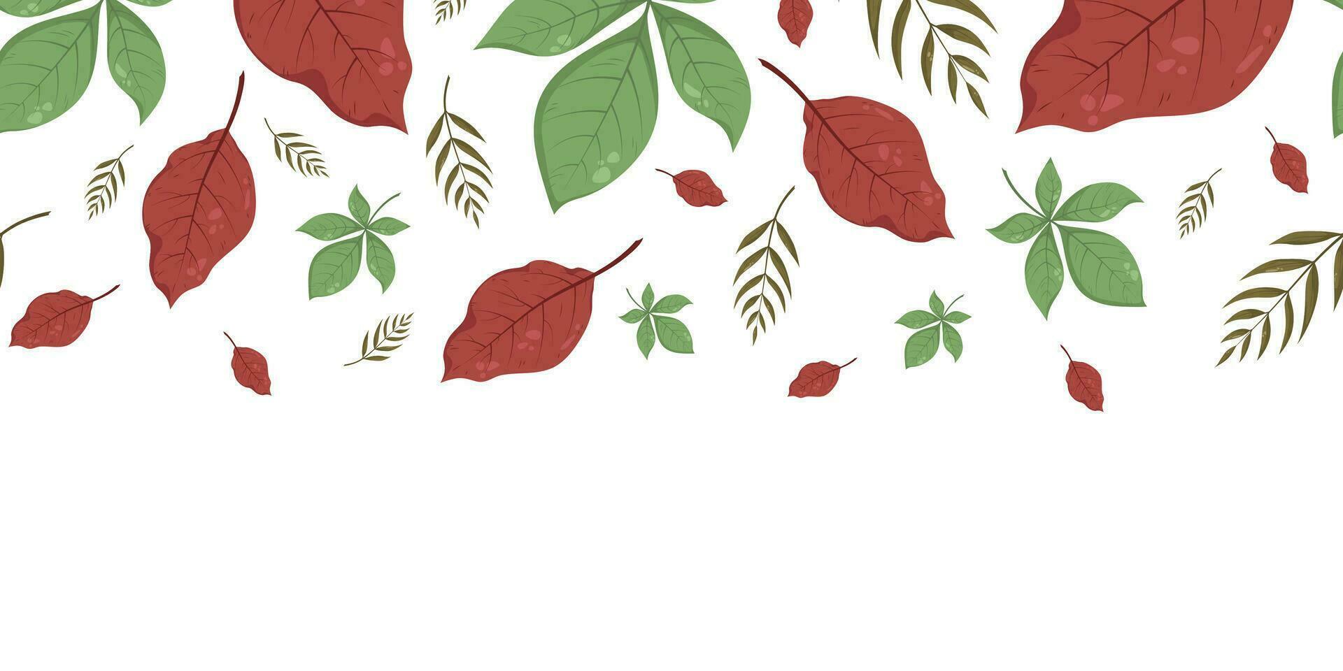 Seamless horizontal banner pattern with autumn fall green and red leaves. Perfect for wallpaper, wrapping paper, web sites, background, social media, blog and greeting cards, advertising vector