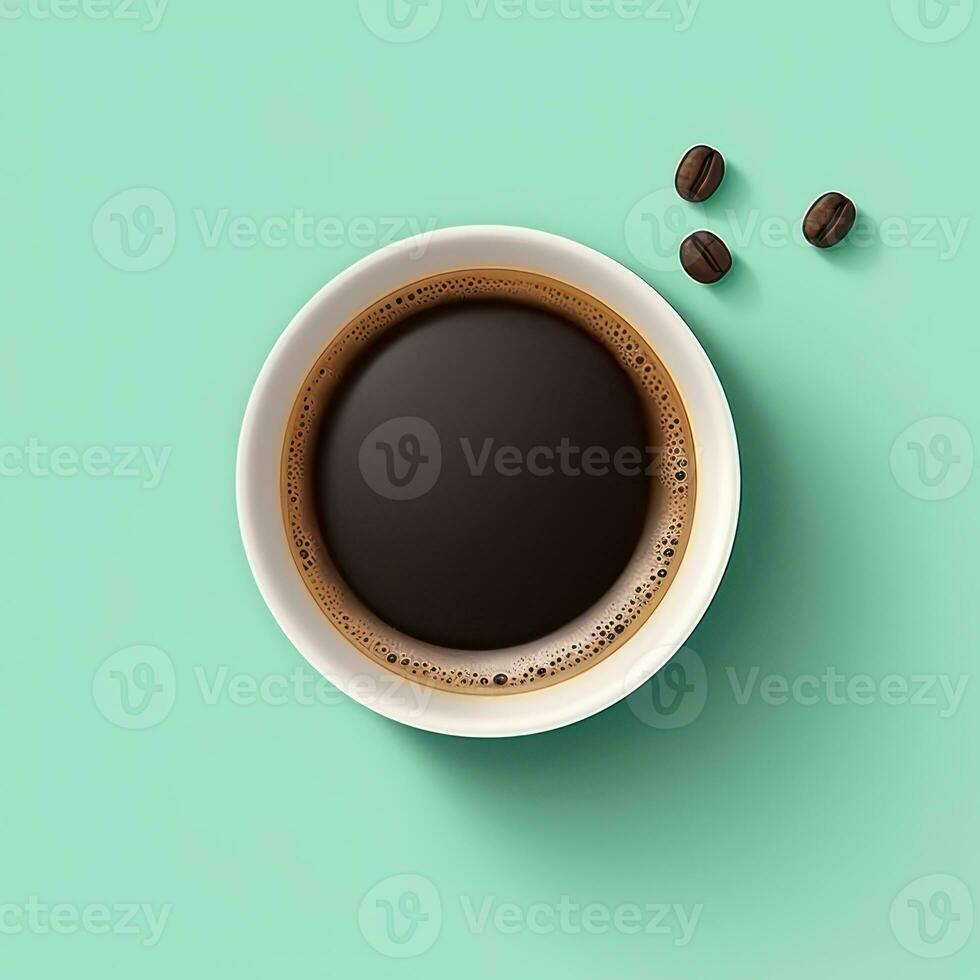 Cup of coffee on mint background top view AI Generated photo