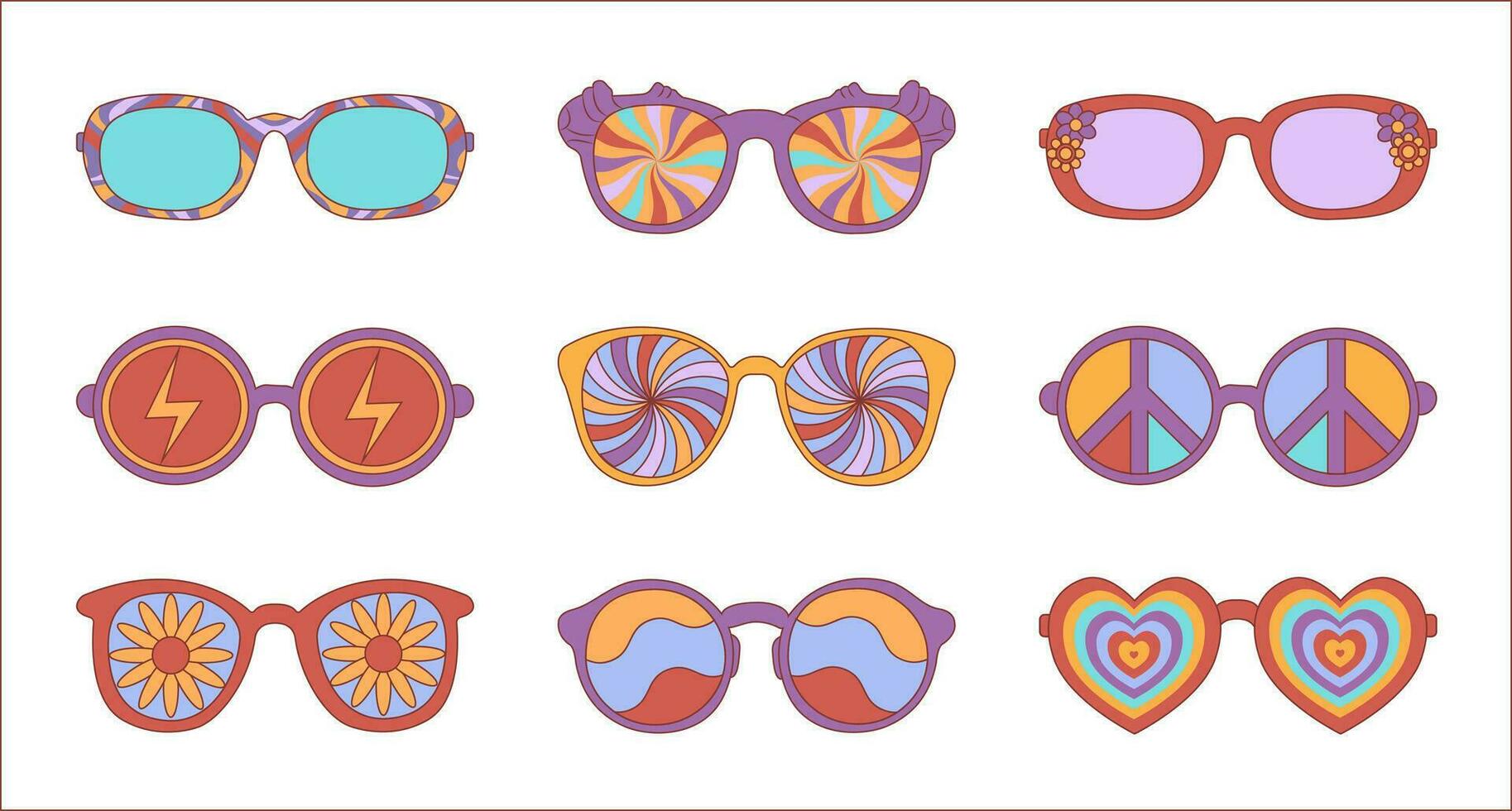 Trendy retro set 1970s style graphic elements of glasses. Vector illustration.