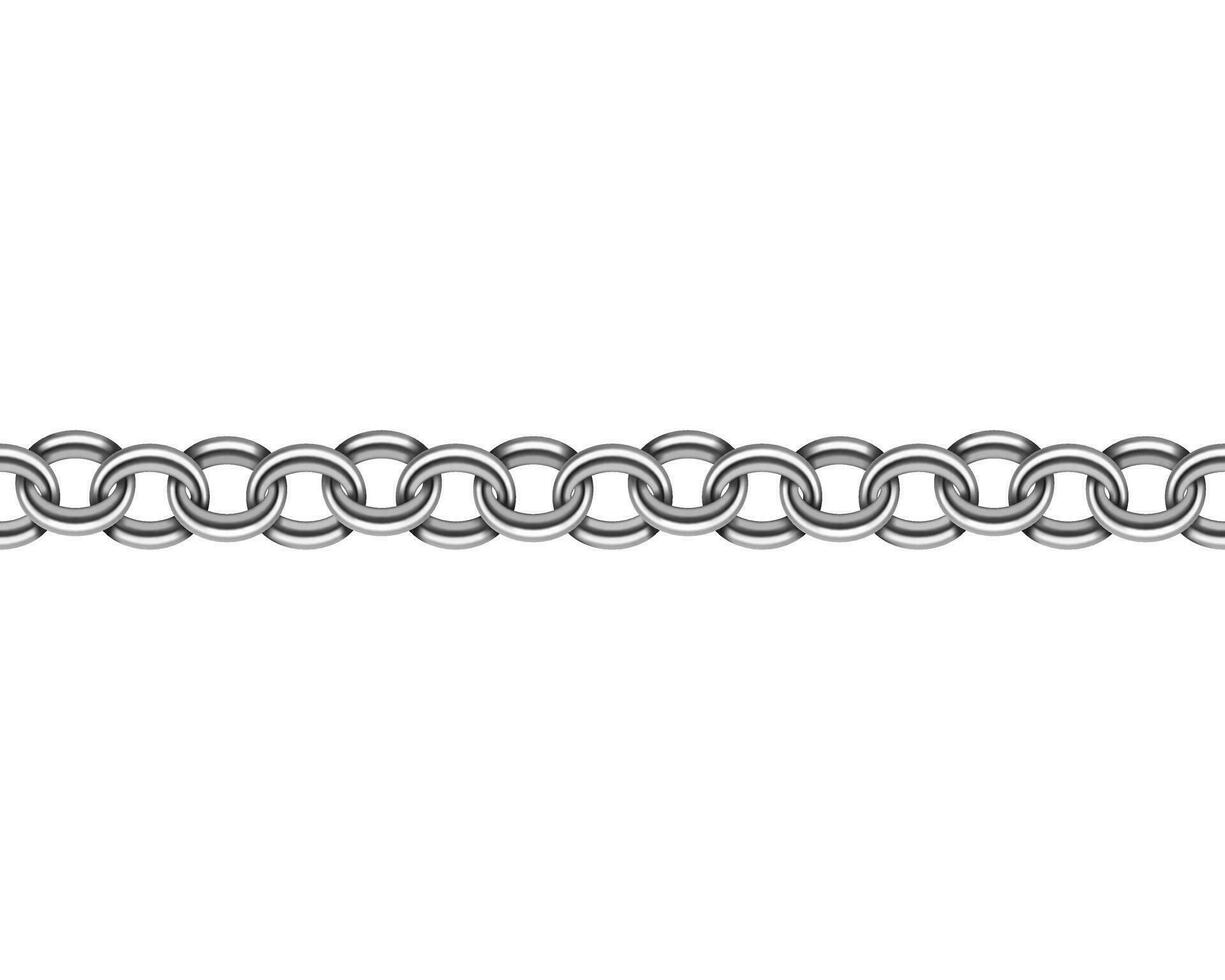 Realistic metal chain seamless texture. Silver color chains link isolated on white background. Strong iron chainlet solid three dimensional design element. vector