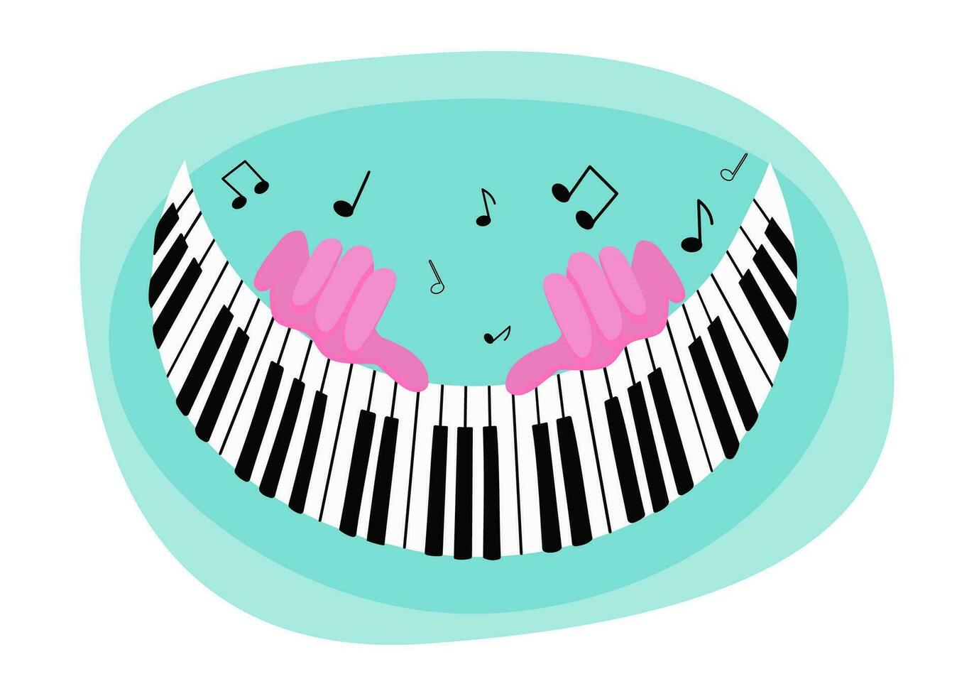 Hands and music. World piano day. Day of music. Keys of the piano, musical instrument. Play the piano. Musical performance, notes and signs. Vector illustration.