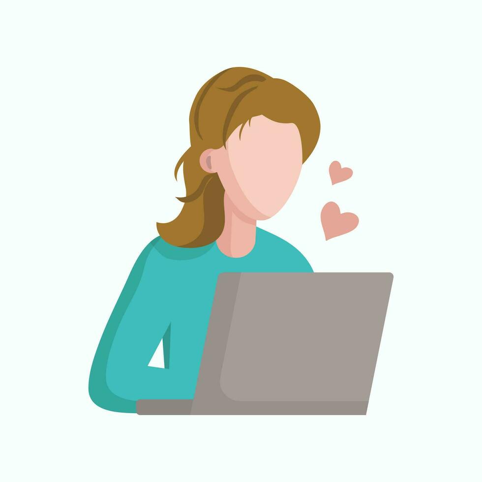 chica, joven mujer con un computadora. negocio, oficina. conceptos trabajar, estudiar, comunicación en instante mensajeros, comunicaciones plano vector ilustración.