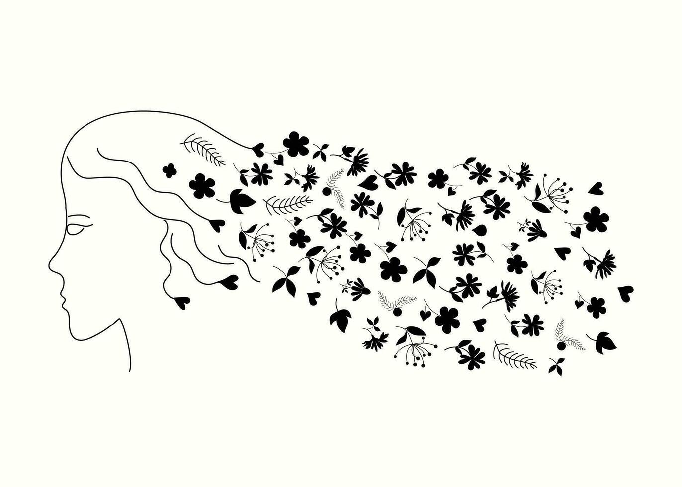 A girl with long hair with flowers. Silhouette of a woman. Monochrome vector illustration isolated on white background.