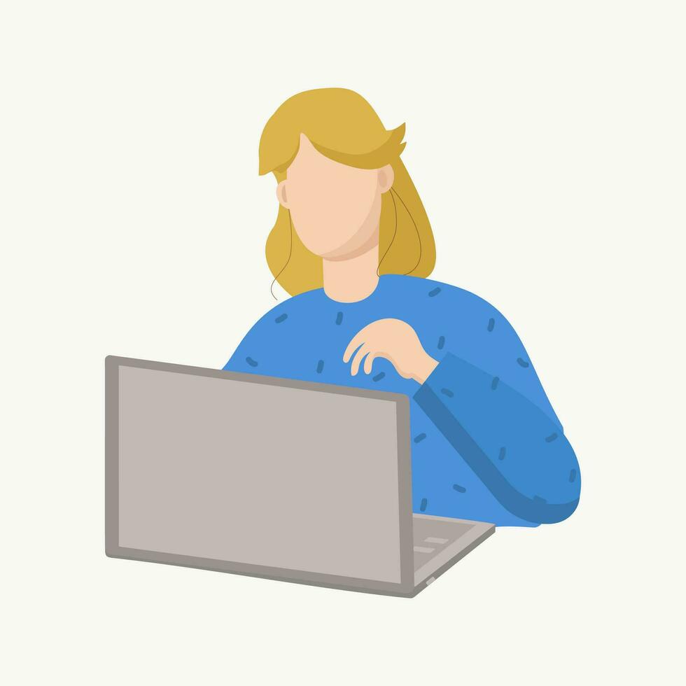 chica, joven mujer con un computadora. negocio, oficina. conceptos trabajar, estudiar, comunicación en instante mensajeros, comunicaciones plano vector ilustración.