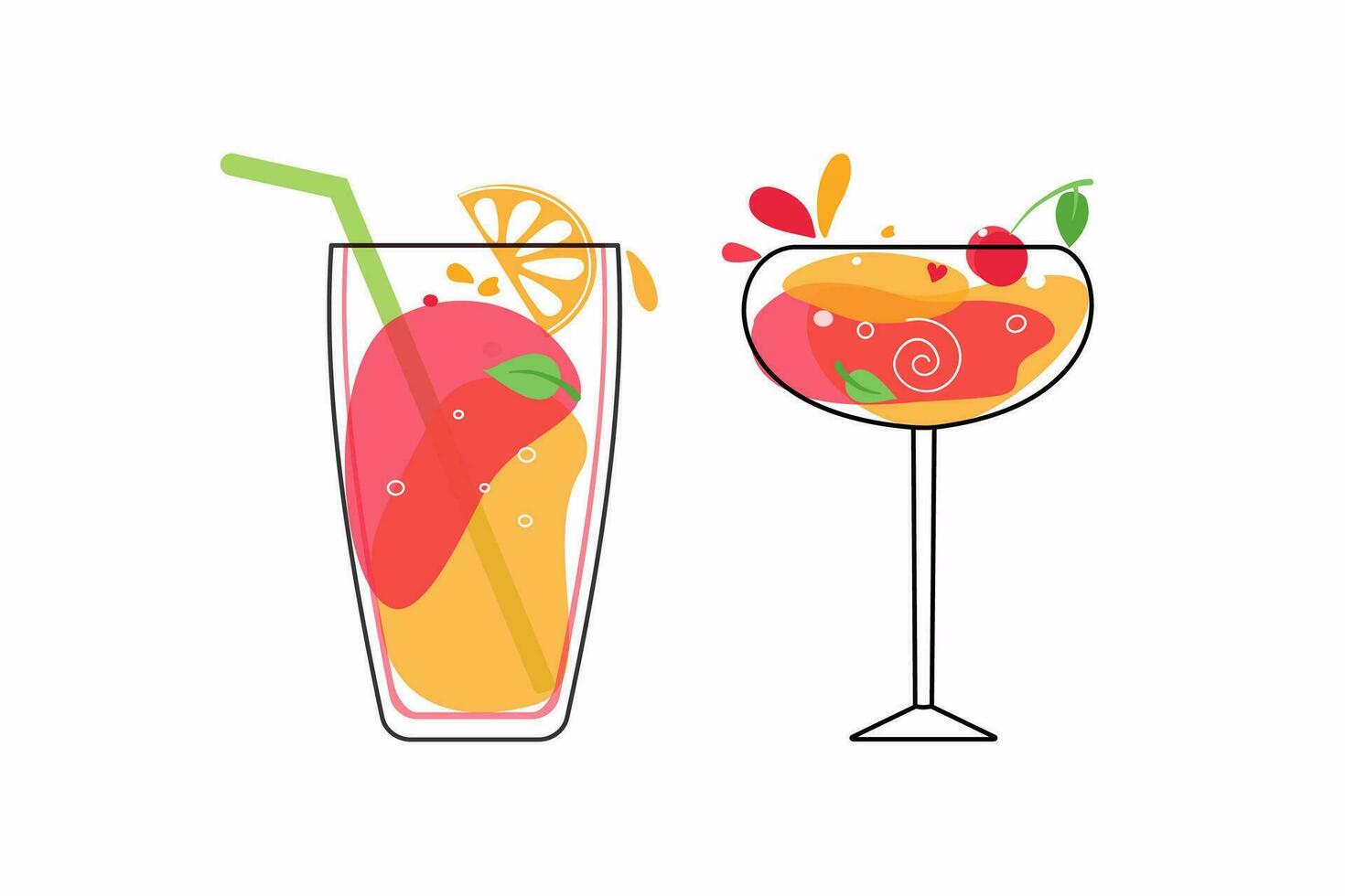 Set of delicious summer cocktails and fruit. Different colored drinks in wine glasses. Mixed cold drinks. Fresh exotic tropical beach bar. Alcohol, lemonade vector icon on white background.