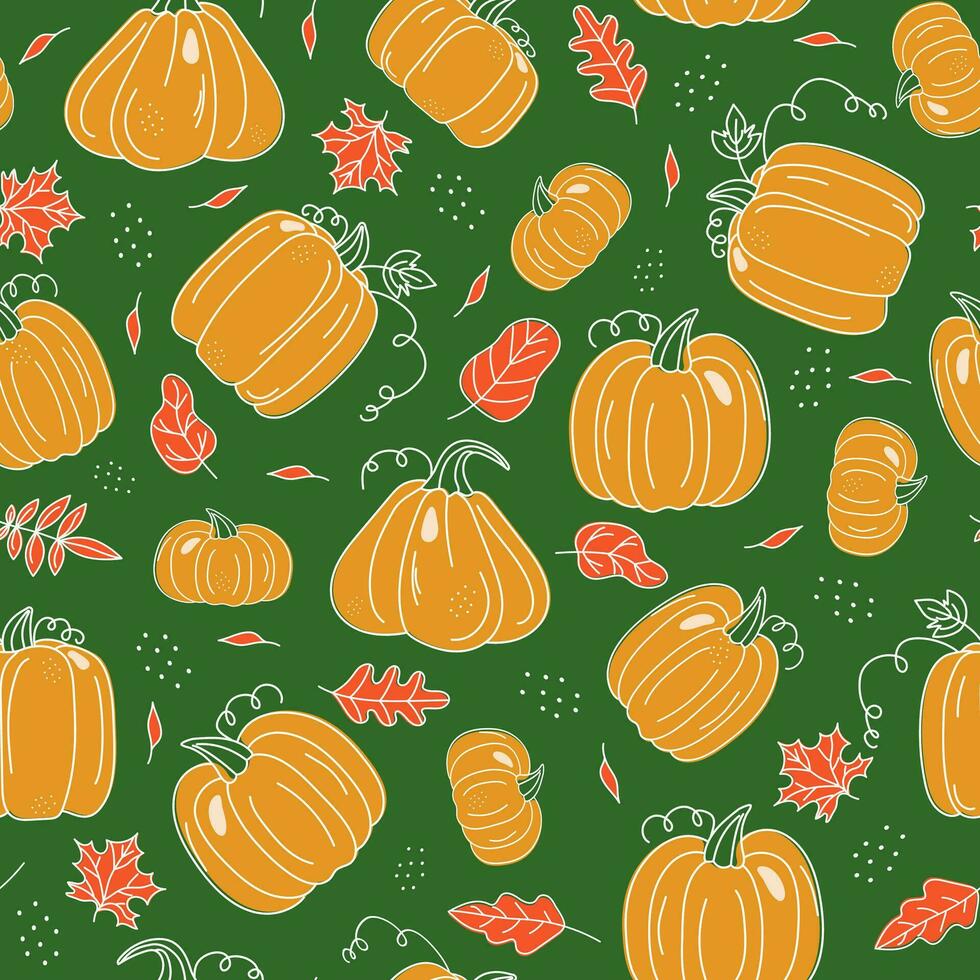 Pattern pumpkin, leaves. Set of vegetables, autumn leaves, pumpkin drawings. Outline drawing, scribbles. Harvest, food. Autumn season. Holiday decor Halloween, Thanksgiving. Vector seamless pattern.