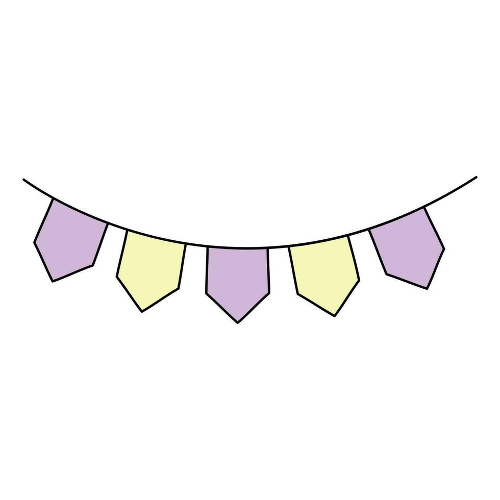 Cute doodle hand drawn colorful flags. Free hand paper cute baby garland isolated on white background in yellow and purple color. vector