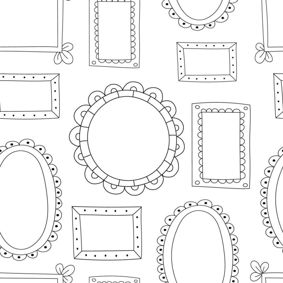 Doodle hand drawn seamless pattern isolated on white background. Beautiful cute frames in vintage style, vector sketch.