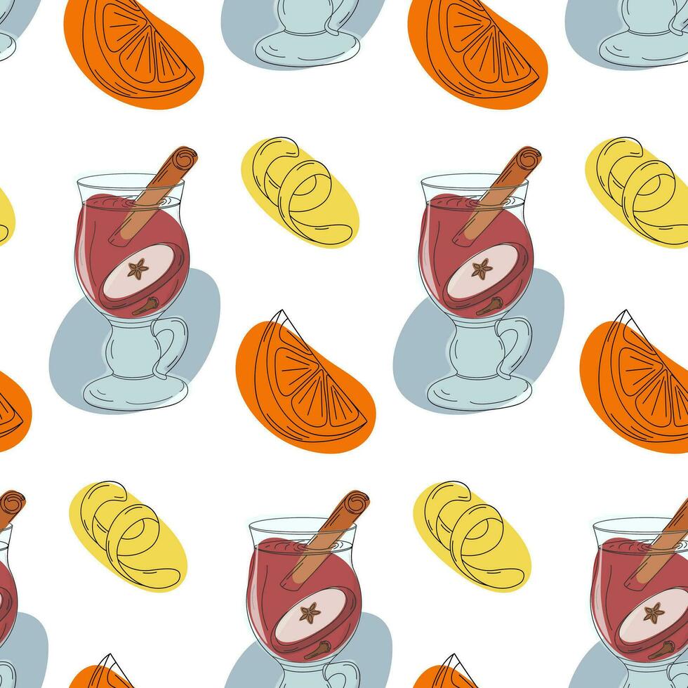 Seamless pattern of Mulled wine with cinnamon stick and apple slice, orange and lemon zest. Isolate vector