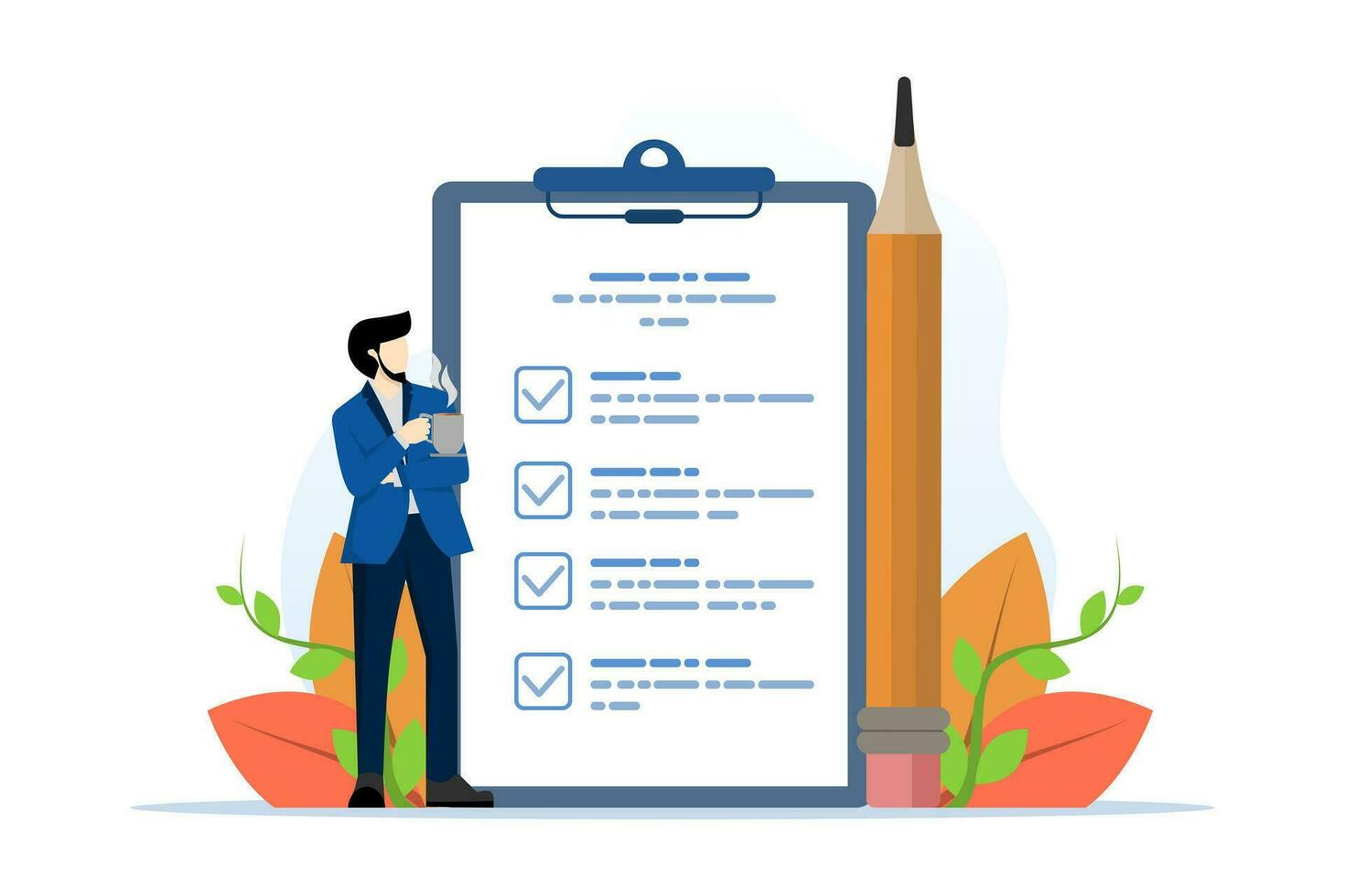 Concept of time management, checklist, completing business tasks. positive character with a giant pencil next to a checklist marked on paper on a clipboard. Flat cartoon design vector illustration.