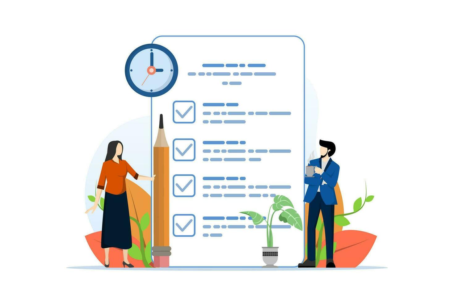 Concept of time management, checklist, completing business tasks. positive character with a giant pencil next to a checklist marked on paper on a clipboard. Flat cartoon design vector illustration.